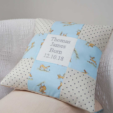 Bunny Birth and Christening Cushion Blue