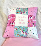 Pink and mint unicorn name and date cushion