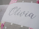 Pink and Grey Patchwork Name Cushion