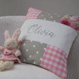 Pink and Grey Patchwork Name Cushion