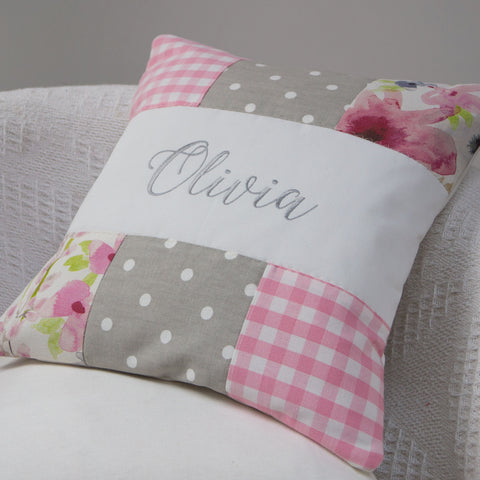 Pink and Grey Patchwork Name Cushion